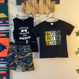3T Boys Funny Bundle Set. Straight outta timeout T-shirt, matching camo shorts w